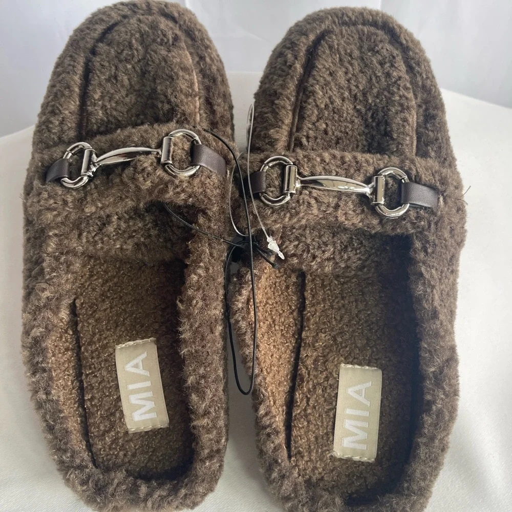 MIA Brown Faux-Shearling Slip-On Loafers with Silver Bit